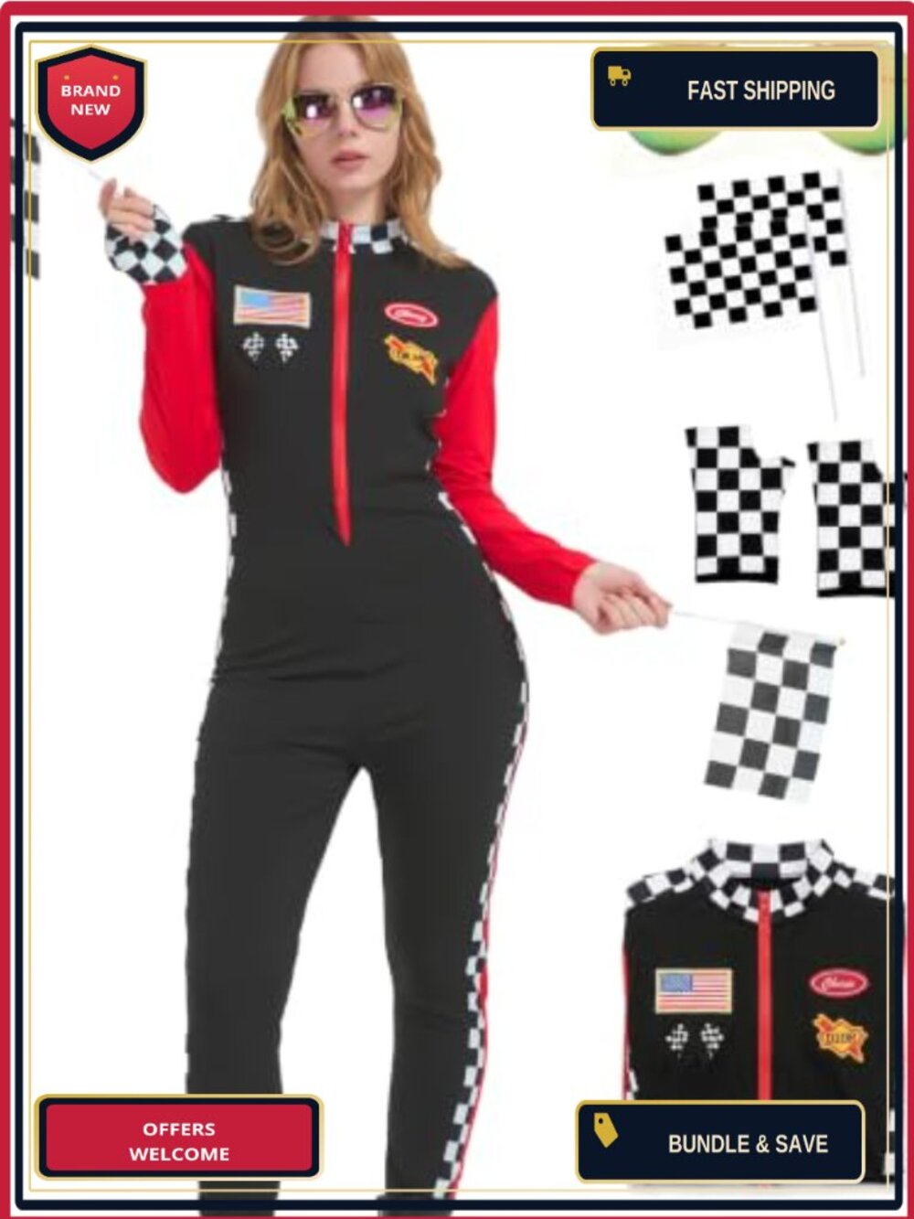 Sexy Race Car Driver Costume Set Jumpsuit Gloves Flags Sunglasses Halloween